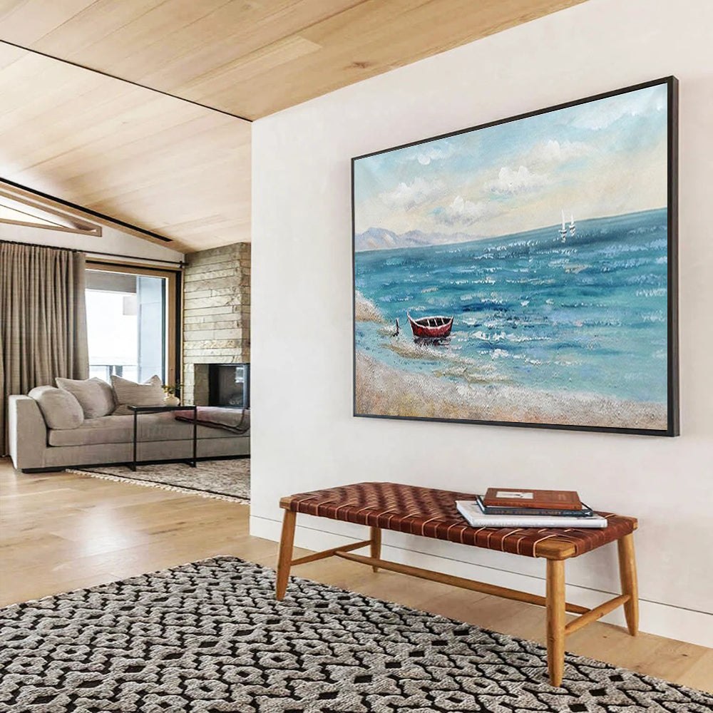 Seaside Boat Abstract Painting with Blue, Red, and White Tones THY224