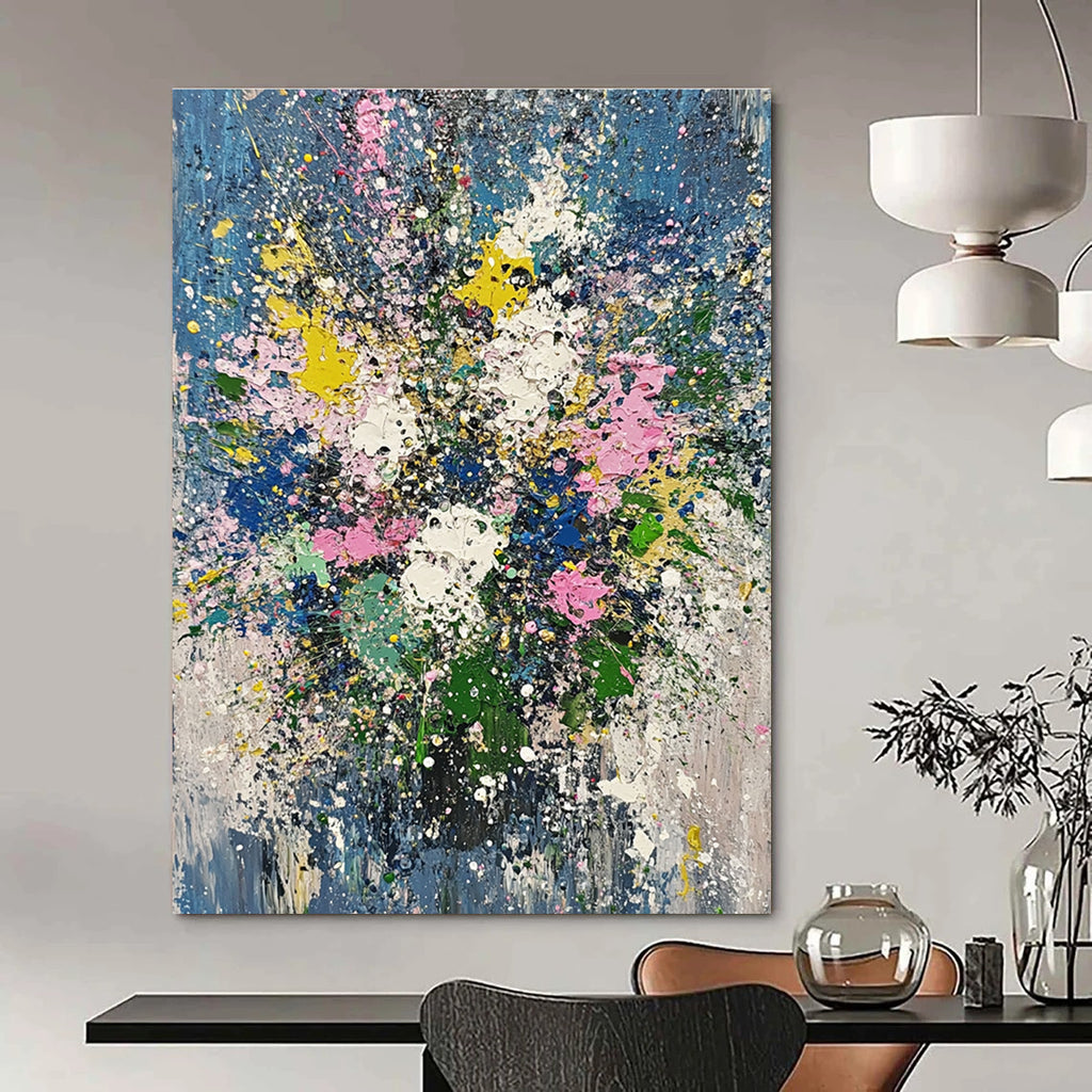 Abstract oil painting featuring flowers and plants in John Berkey's style with light blue green pink and gold leaf splatters.STSC181