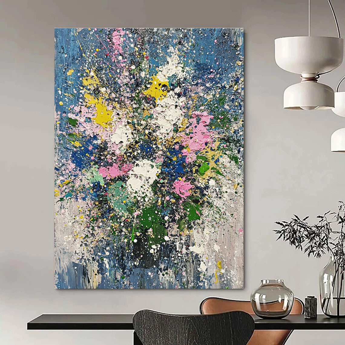 Abstract oil painting featuring flowers and plants in John Berkey's style with light blue green pink and gold leaf splatters.STSC181