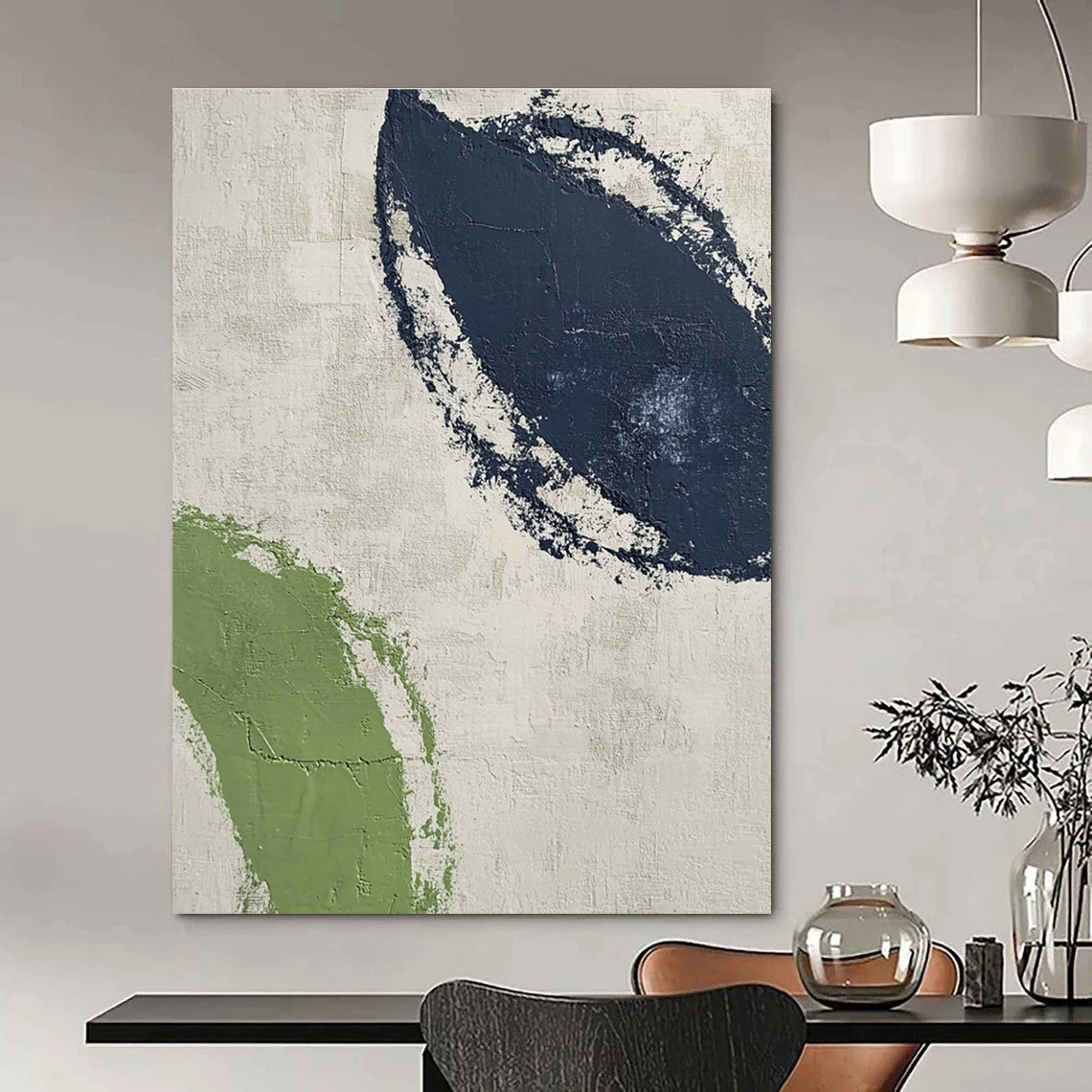 Large abstract painting featuring textured navy blue and green curves on a light gray background, embodying modern simplicity for contemporary interiors.STSC527