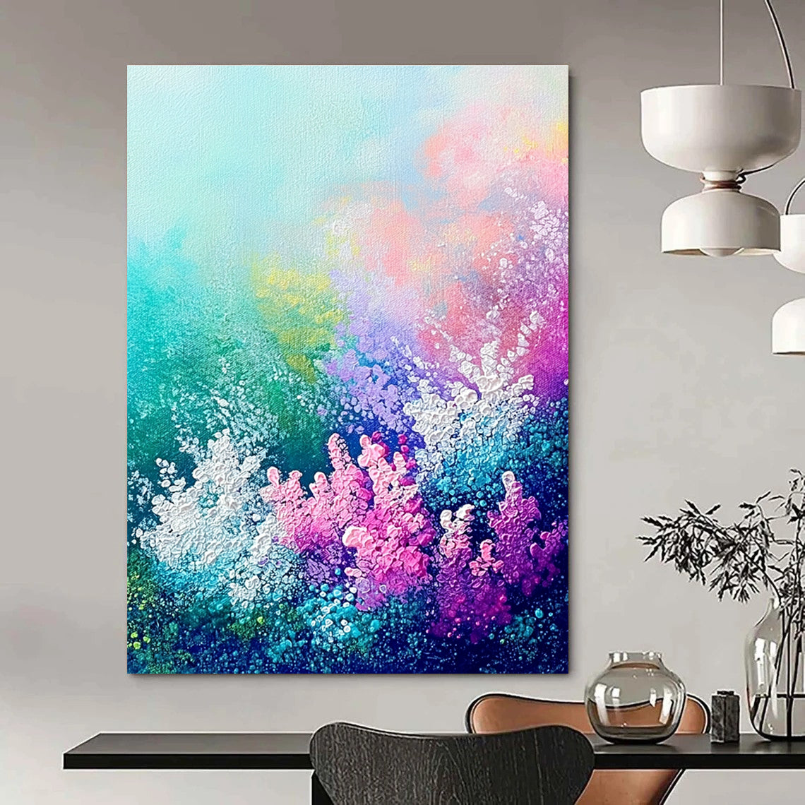 Large abstract painting of an underwater garden featuring vibrant coral sea flowers and plants in soft pastel hues.STSC1119