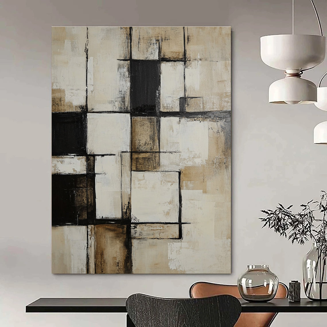 Large abstract painting of textured white and beige squares featuring black accents in a deconstructed minimalist style inspired by Peter Coller.STSC716