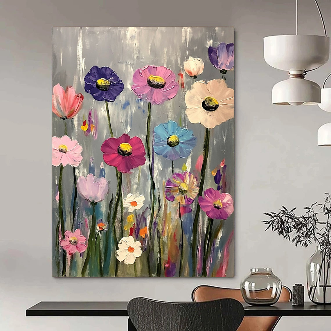 A large abstract painting featuring vibrant pink purple blue and white flowers against a gray background in the style of Claude Monet.STSC1033