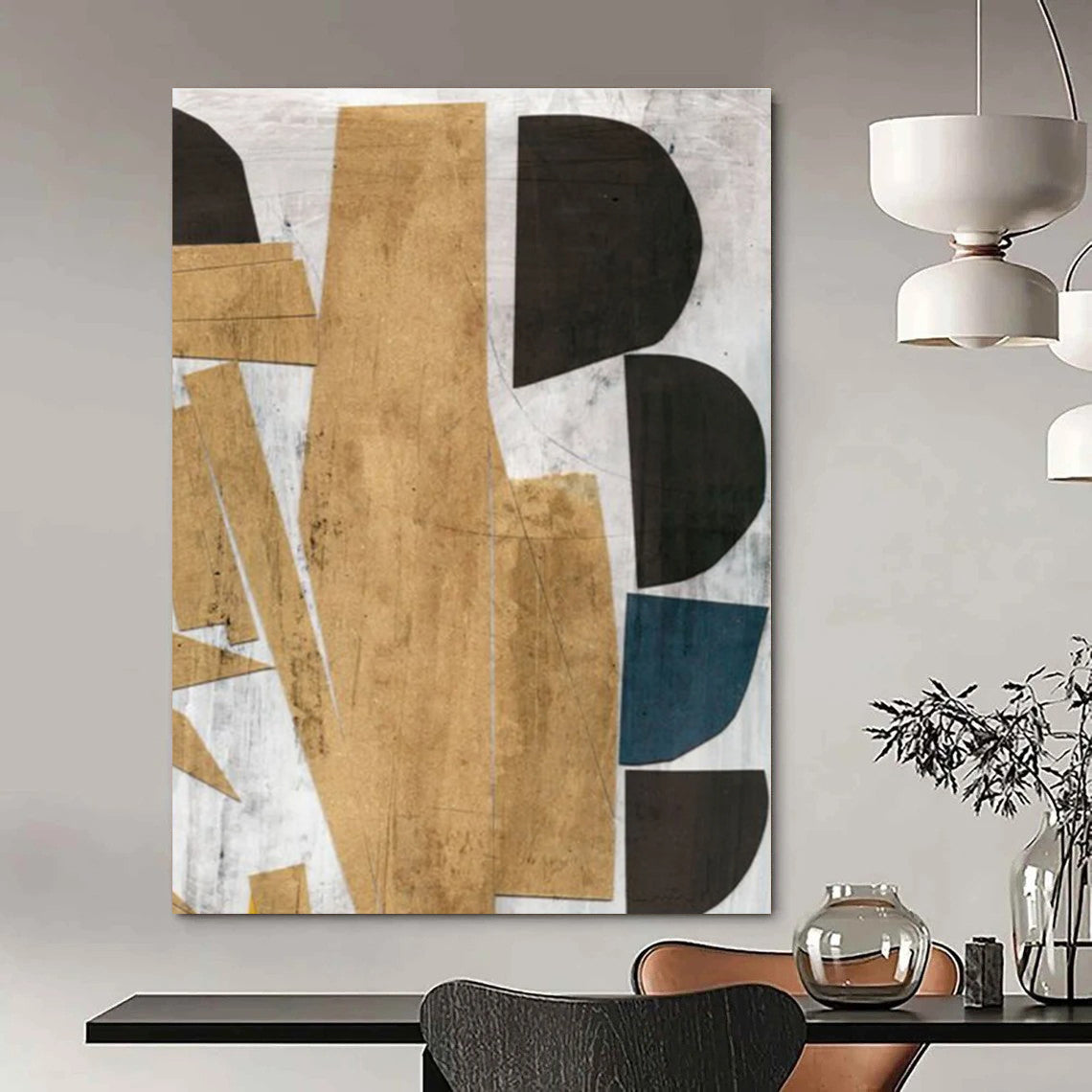 Geometric Abstract with Neutral and Blue Tones Painting ADGE216