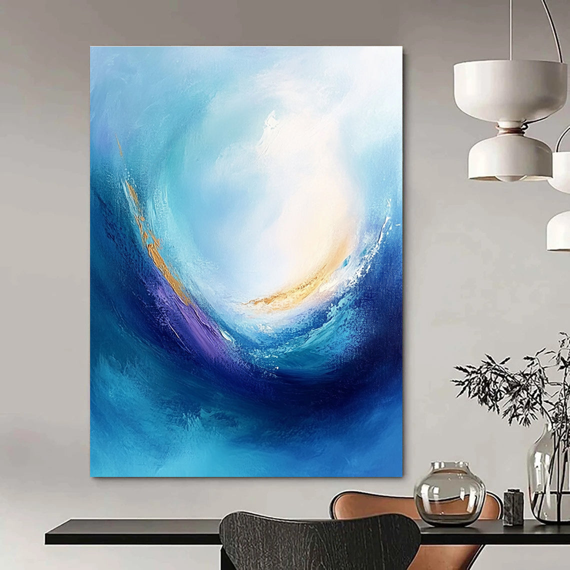 Large abstract painting of a blue sea with swirling vortices and emotional colors depicting tranquility and calmness in high resolution.STSC042