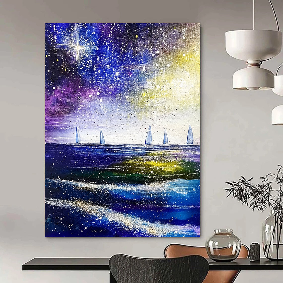 Large abstract painting of the sea and sky featuring stars and distant sailboats in vibrant shades of purple blue green and white.STSC852