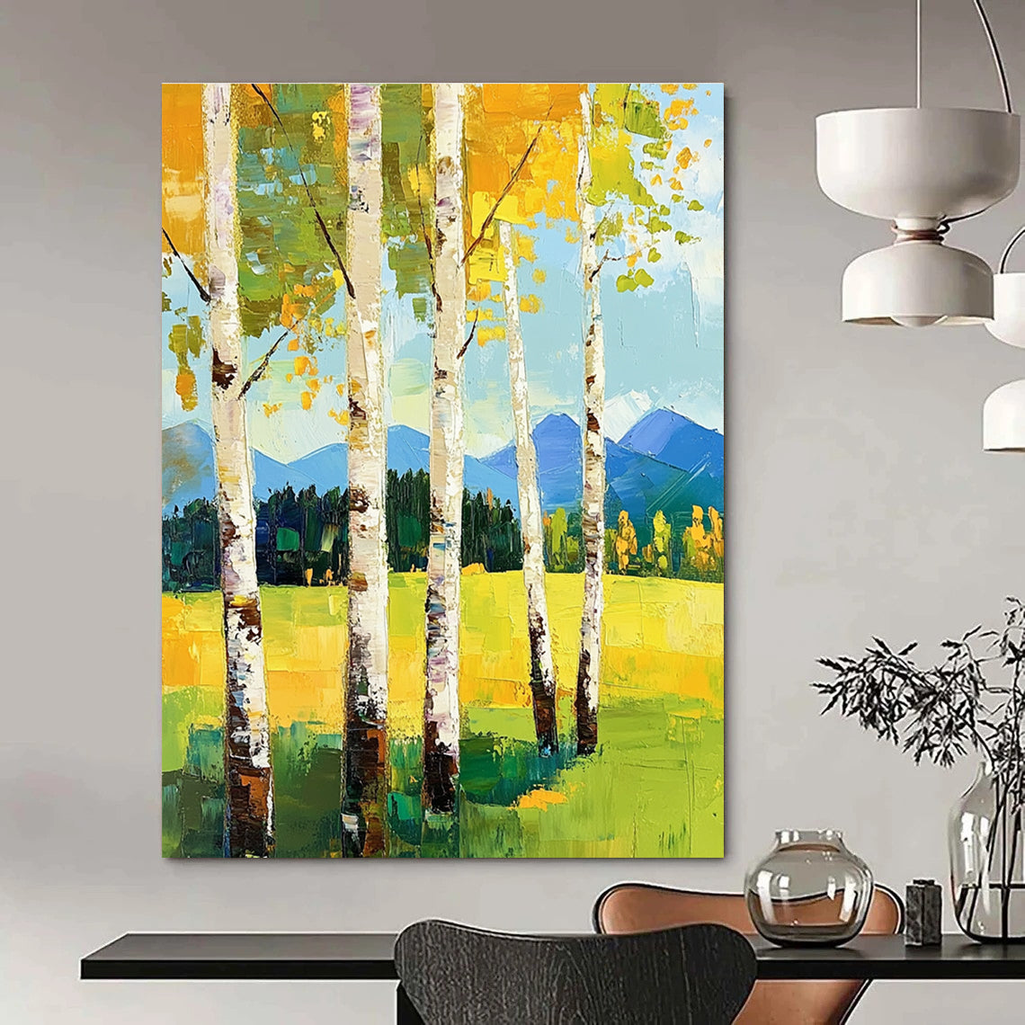 Large abstract painting featuring birch trees in spring vibrant greens and yellows with mountains in the background and thick expressive brush strokes.STSC871