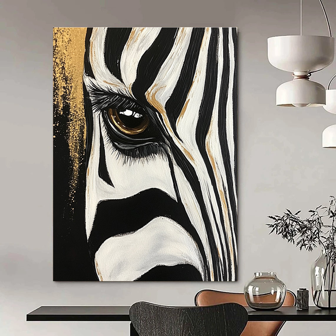 Large abstract painting of a zebra's eye and stripes featuring bold brushstrokes with gold accents against a textured black and white background.STSC956