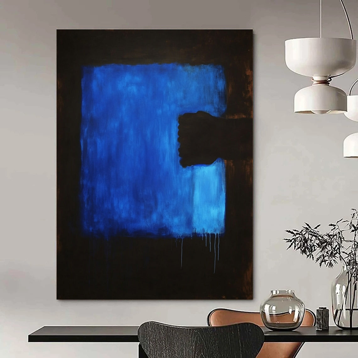 Large abstract painting featuring a dark blue background and a blue foreground, creating a striking visual depth and emotional resonance.STSC1313