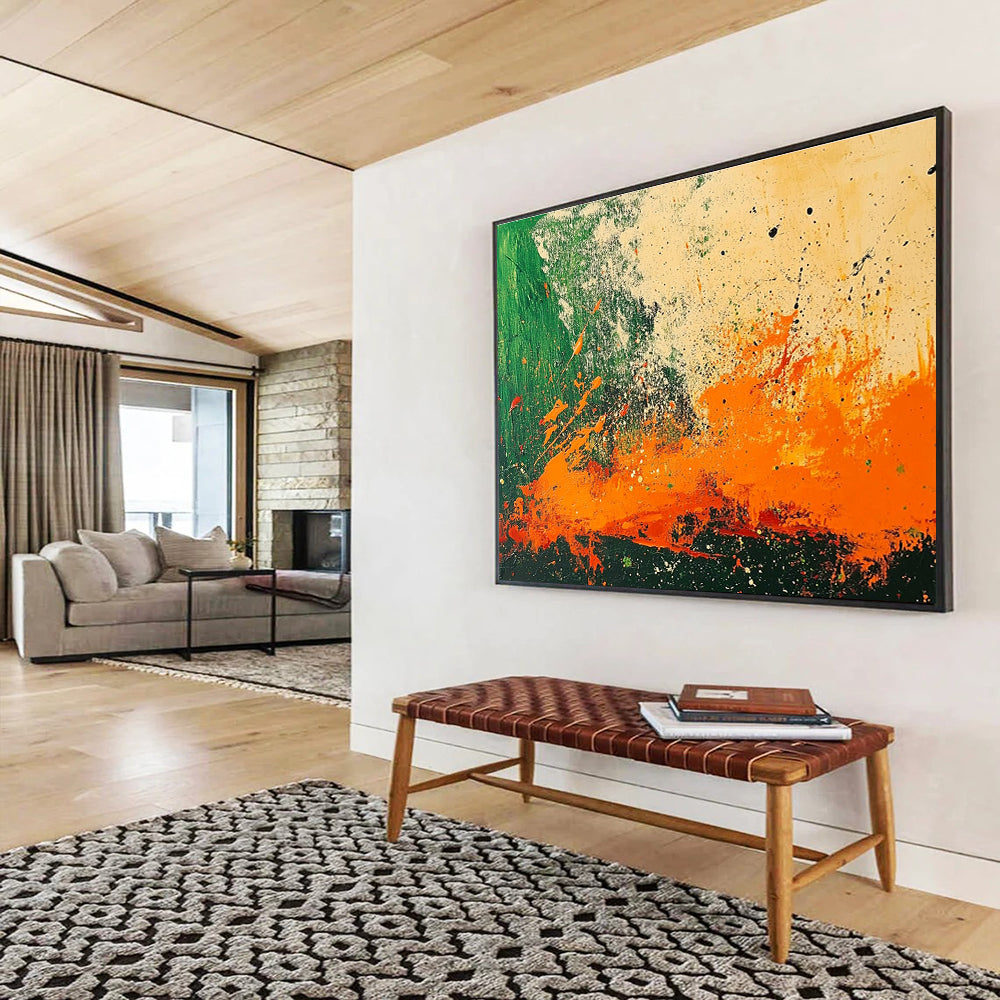 Energetic Splatter Abstract Painting with Green and Orange DYP223