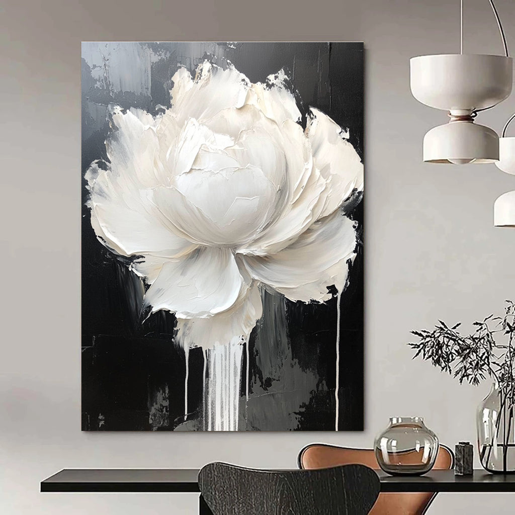 Large abstract painting featuring a white rose and peony with dripping petals on a black and gray background in neutral tones.STSC517