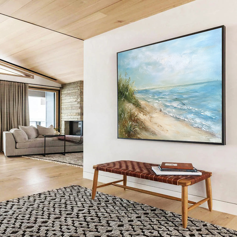 Serene Beach View Abstract Painting with Blue and Green Tones DYP569