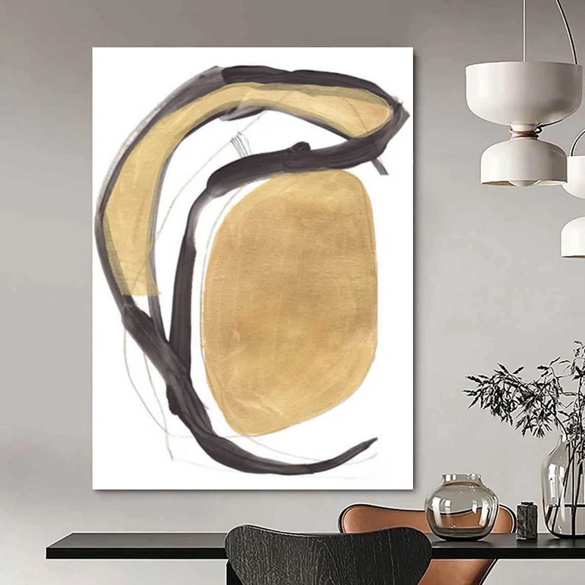 Gold and Black Curved Forms Abstract Painting ADGE223