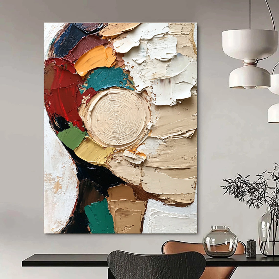 Large abstract painting featuring a textured close-up of a face in vibrant colors and dynamic brush strokes against a white circular patterned background.STSC283