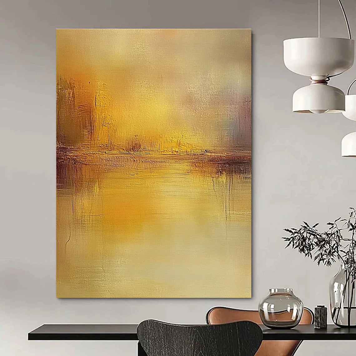 Large abstract painting featuring muted earthy colors and soft focus reflections on water evoking a dreamlike atmosphere with impressionist brush strokes.STSC860