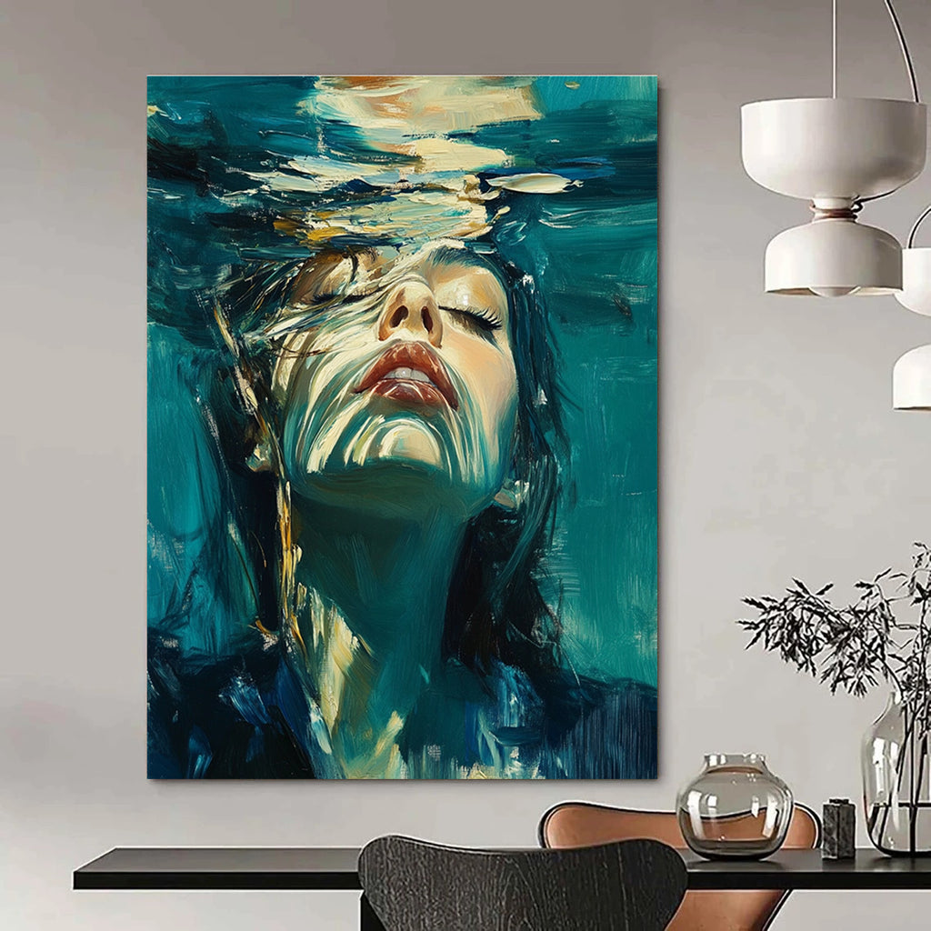 Abstract oil painting of a woman underwater with long hair wearing a dark blue suit with white details against a teal and turquoise background.STSC178