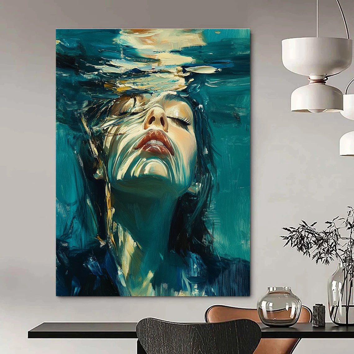 Abstract oil painting of a woman underwater with long hair wearing a dark blue suit with white details against a teal and turquoise background.STSC178