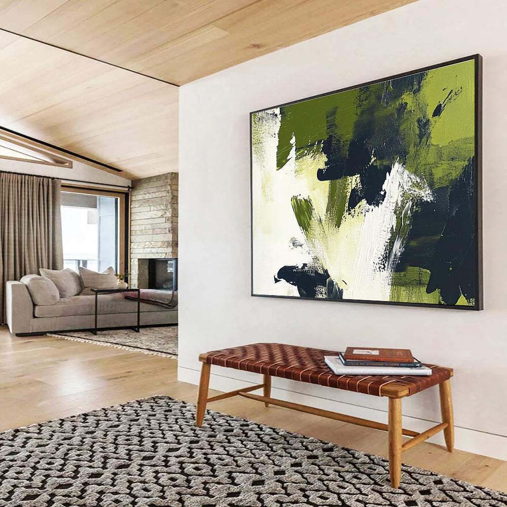 Large abstract painting featuring olive green and black brush strokes on white background, embracing minimalism and the essence of nature.SC248
