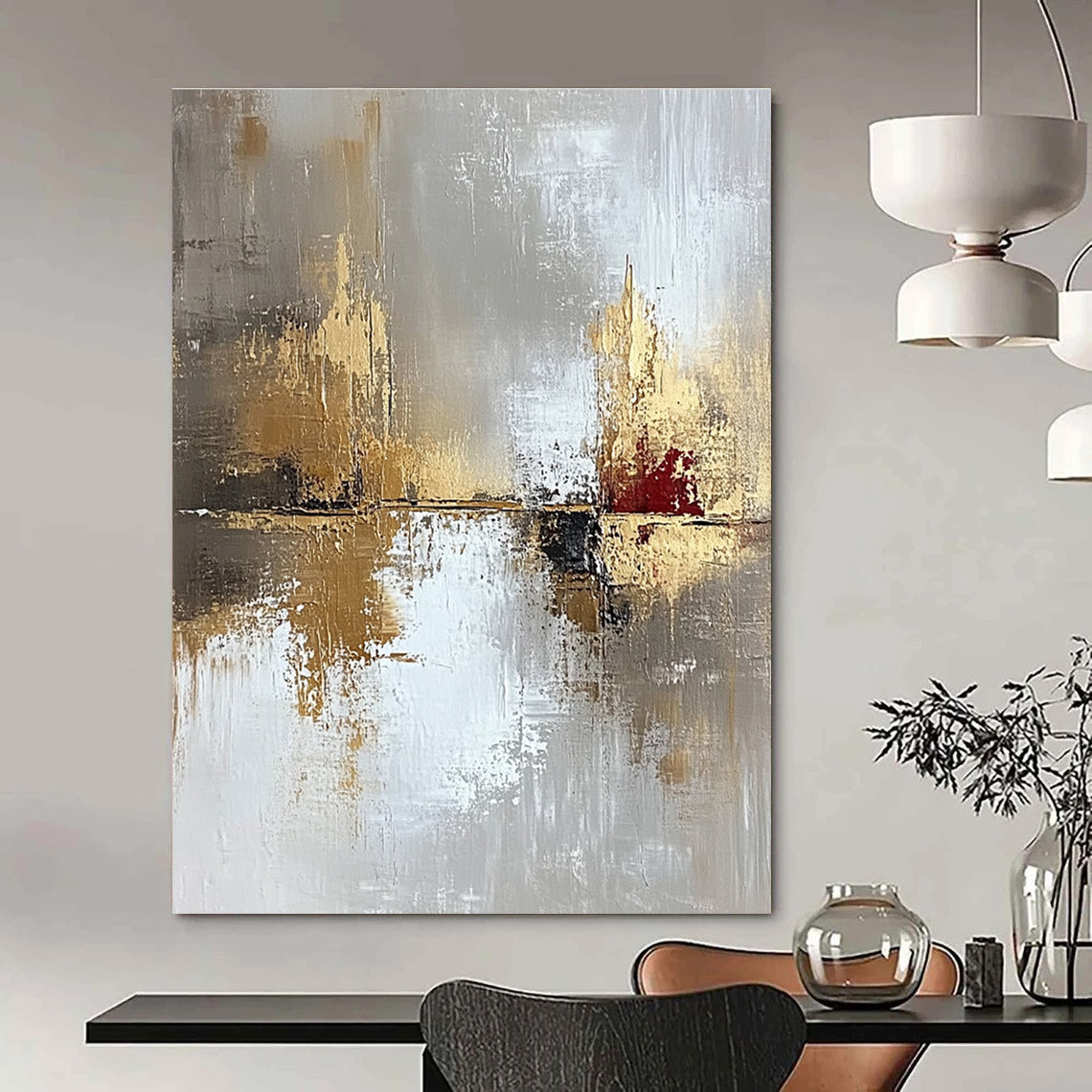 Large abstract painting in light gray and gold with oil brush effect featuring layers of texture and subtle red accents for visual impact.STSC402