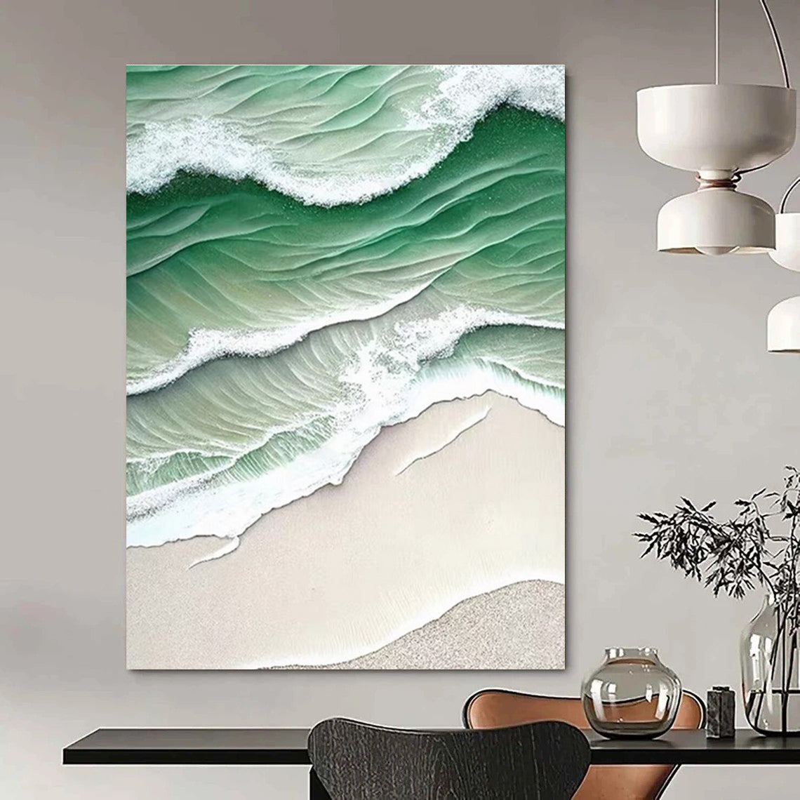 Green and White Wave Beach Abstract Painting ADGE290
