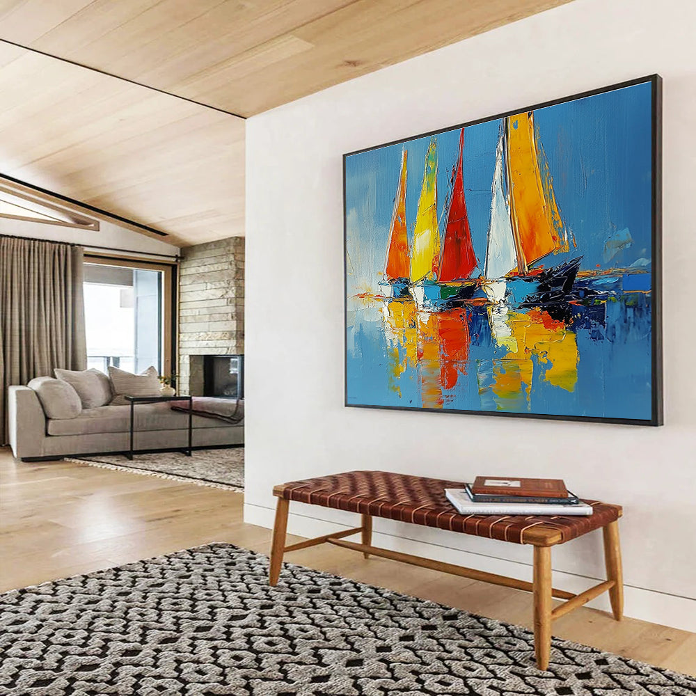 Large abstract painting of sailboats on vibrant water using palette knife techniques, showcasing energetic brushstrokes and a serene atmosphere.SC274