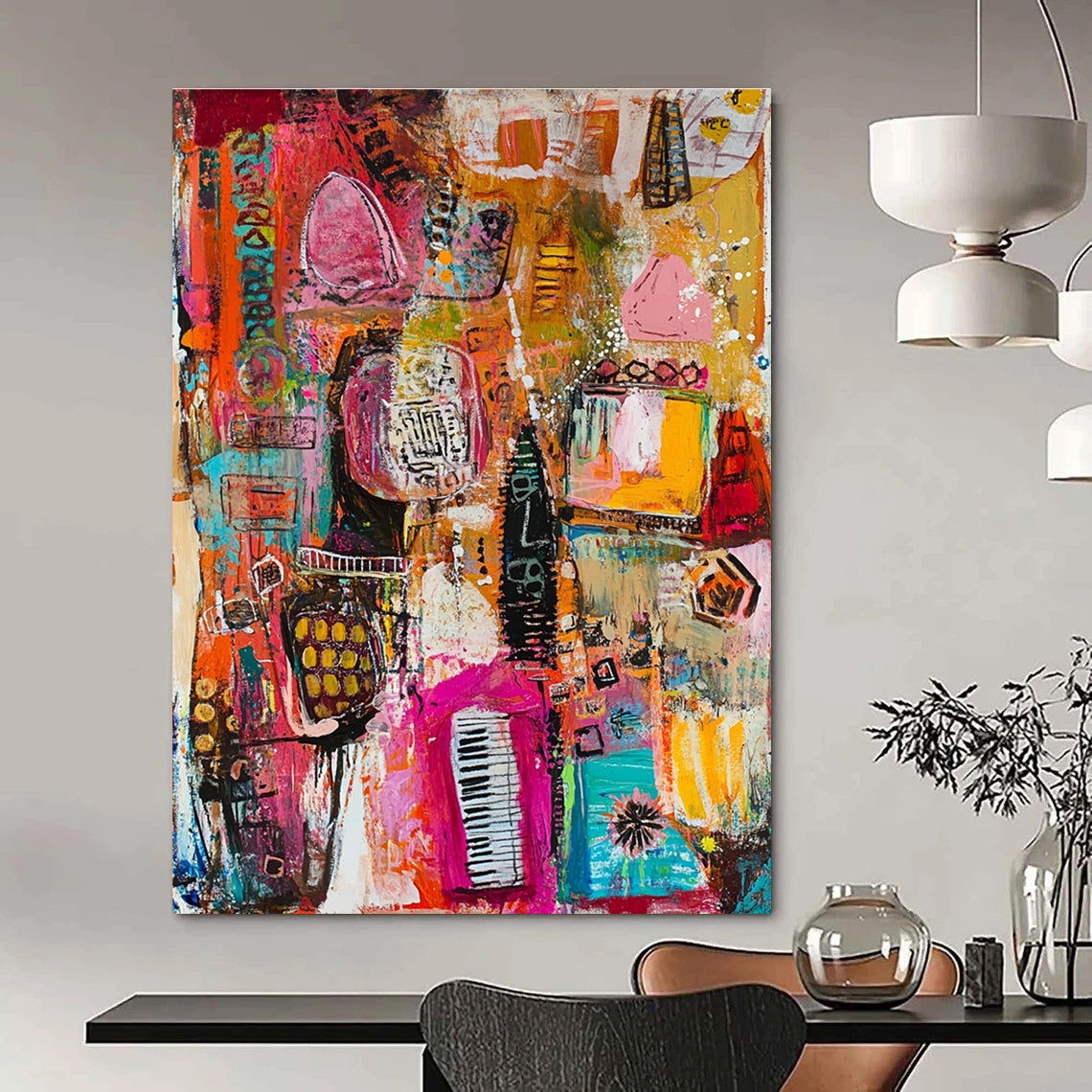 Large abstract painting featuring vibrant colors and dynamic shapes, showcasing lively patterns with diverse objects like books, instruments, and animals.STSC821