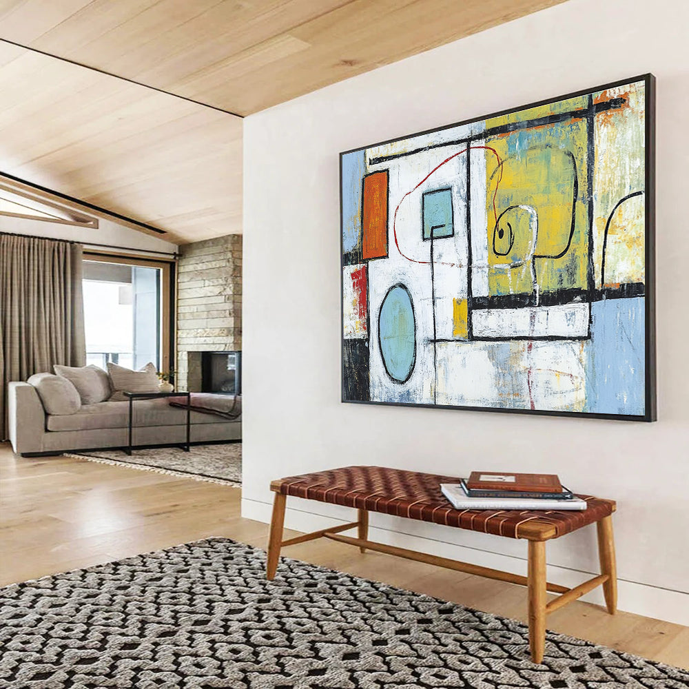 Large abstract painting featuring light blue white and green shapes with red lines yellow forms and black outlines set against a soft orange black background.SC194