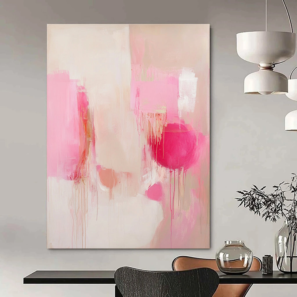 Large abstract painting in soft pink and white tones with emotional expressionism and delicate details, featuring layered shapes and unique accents.STSC807