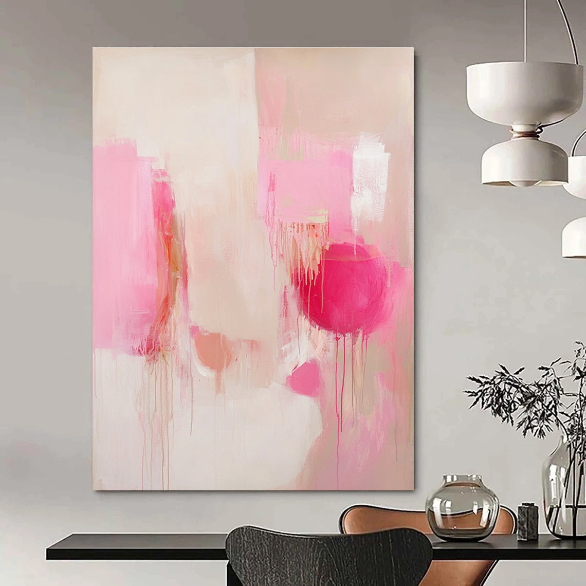 Large abstract painting in soft pink and white tones with emotional expressionism and delicate details, featuring layered shapes and unique accents.STSC807