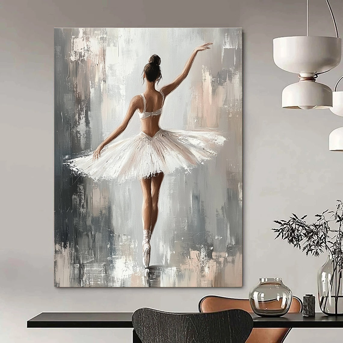 Large abstract painting of a ballerina in a white tutu with soft brush strokes on a grey background featuring a neutral color palette and canvas texture.STSC1380