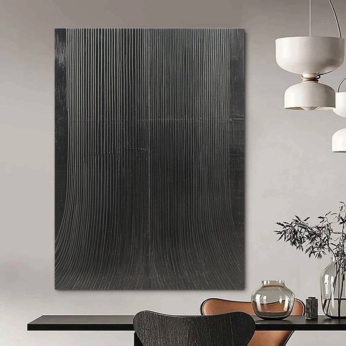 Large abstract painting featuring textured black canvas with S-shaped vertical lines in minimalist style high contrast smooth curves and waves.STSC1280