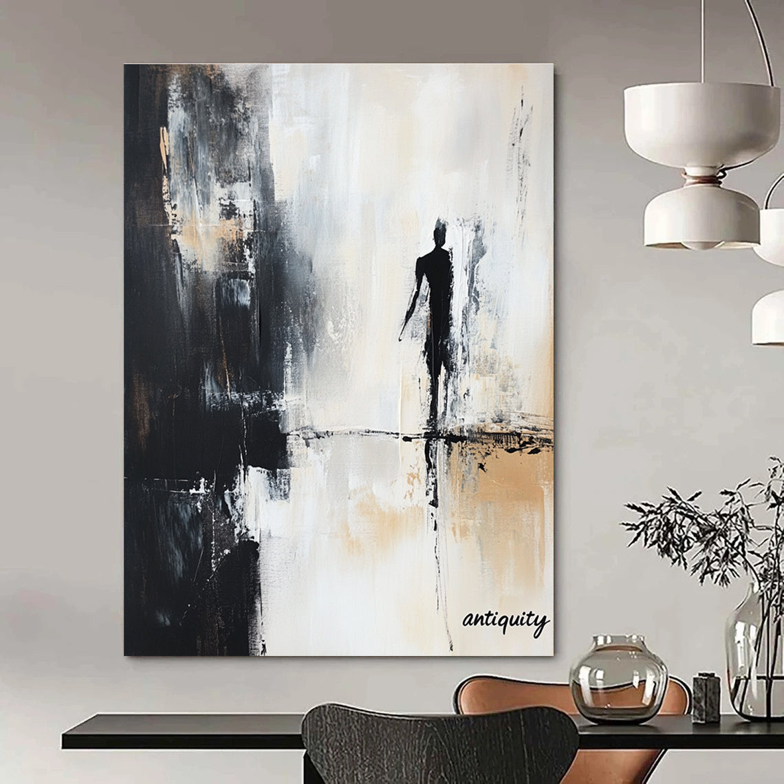 Large abstract painting featuring the text nostalgia in black white and gray tones with a shadowy figure and antiquity in the corner.STSC709