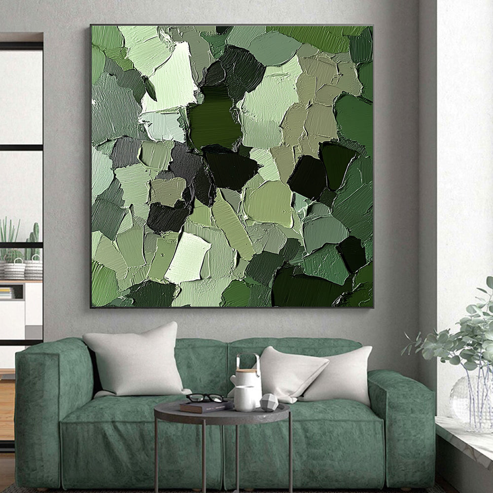 Green Patchwork Abstract Painting with Layered Shapes GER107