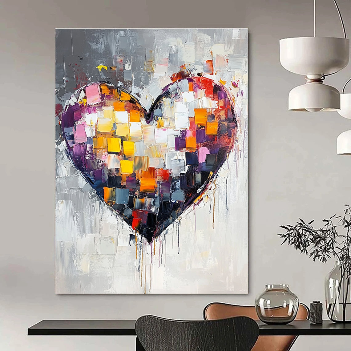 Large abstract heart painting with vibrant colors and thick brush strokes on a white background featuring paint drips and a predominantly gray palette.STSC071