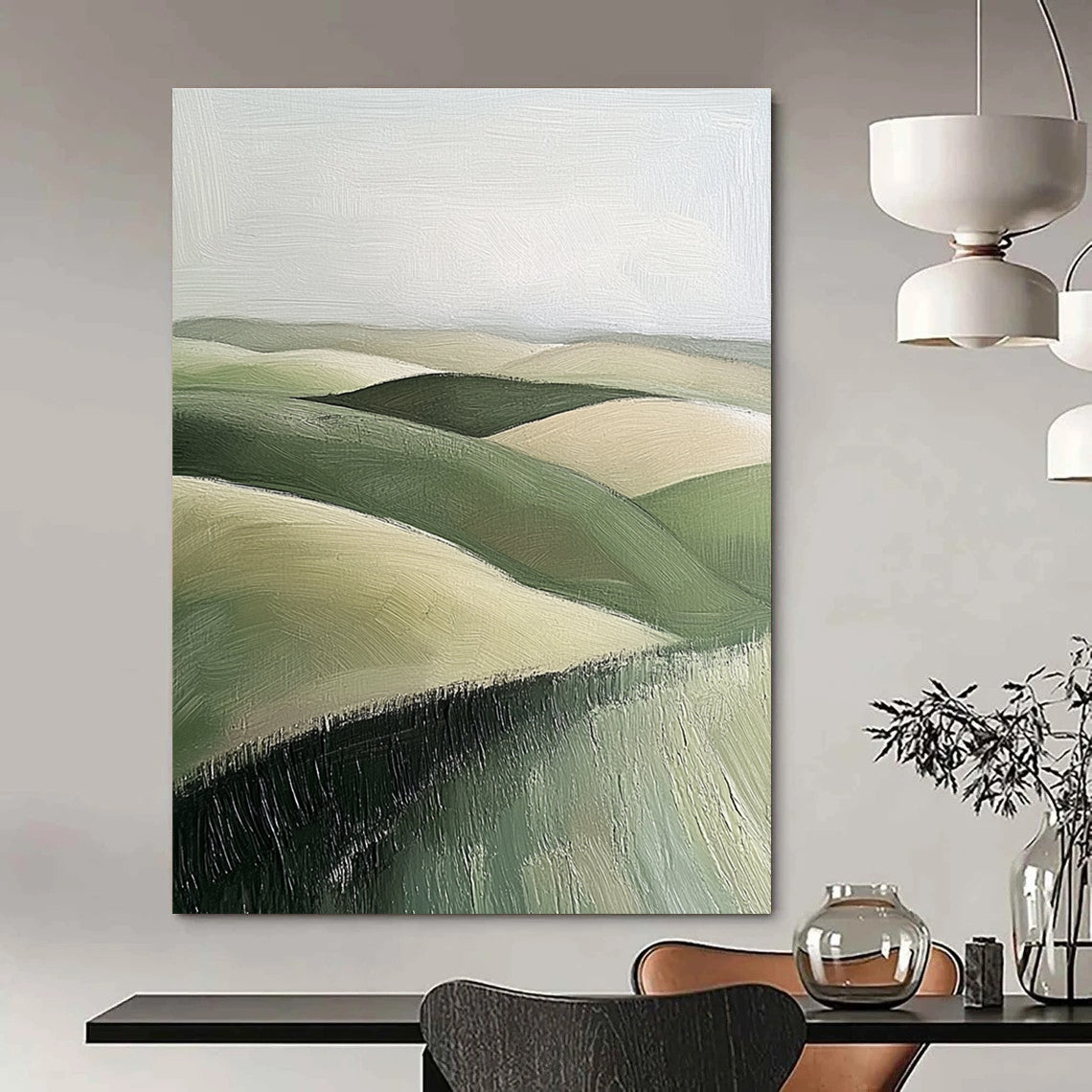 Large Abstract Painting of Green Rolling Hills in Textured Sage and Beige Tones Perfect for Adding Calmness to Any Space.STSC876