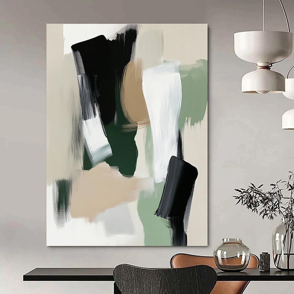 Large abstract painting featuring sage green white and black tones with soft edges and minimalistic brush strokes in a modern art style.STSC791