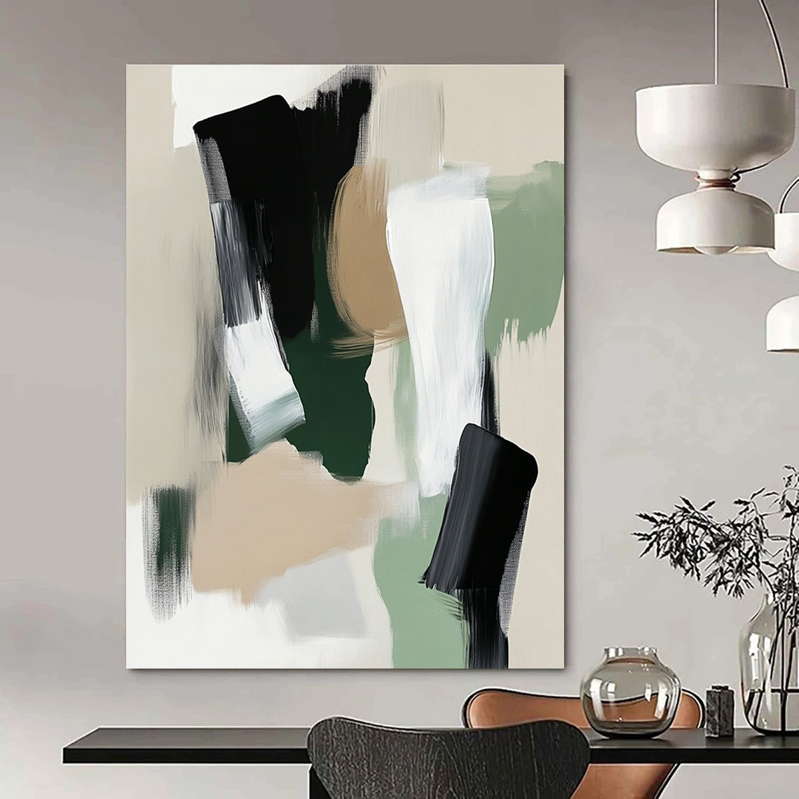 Large abstract painting featuring sage green white and black tones with soft edges and minimalistic brush strokes in a modern art style.STSC791