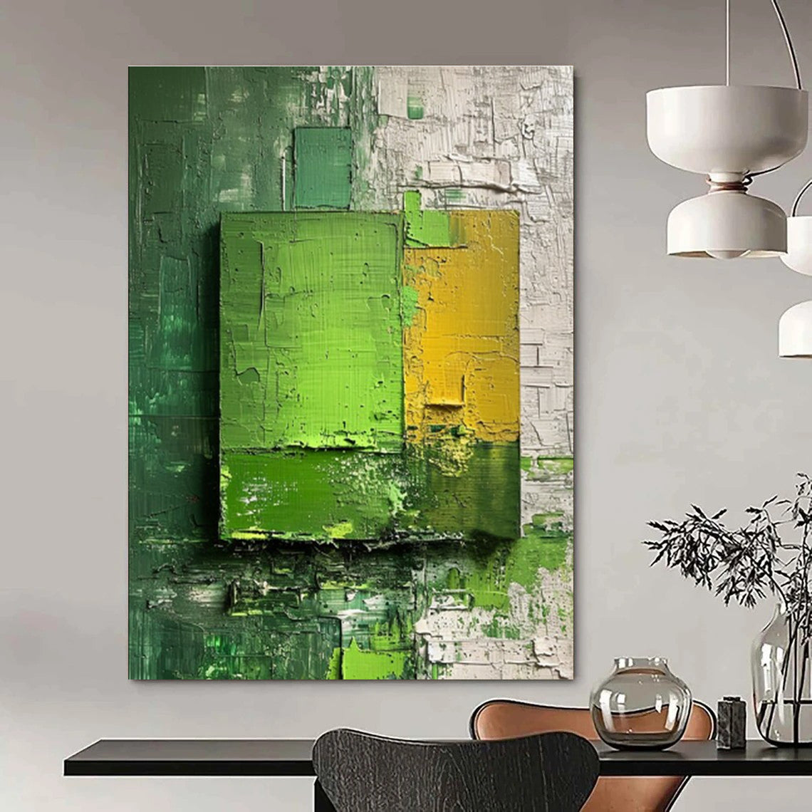 Green Yellow White Textured Abstract Painting ADGE030