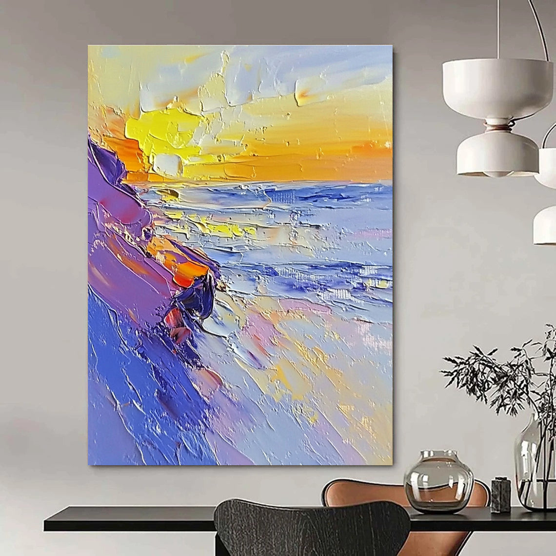 Large abstract painting featuring a sunset on the beach using a palette knife with white and pastel colors in broad strokes.STSC202