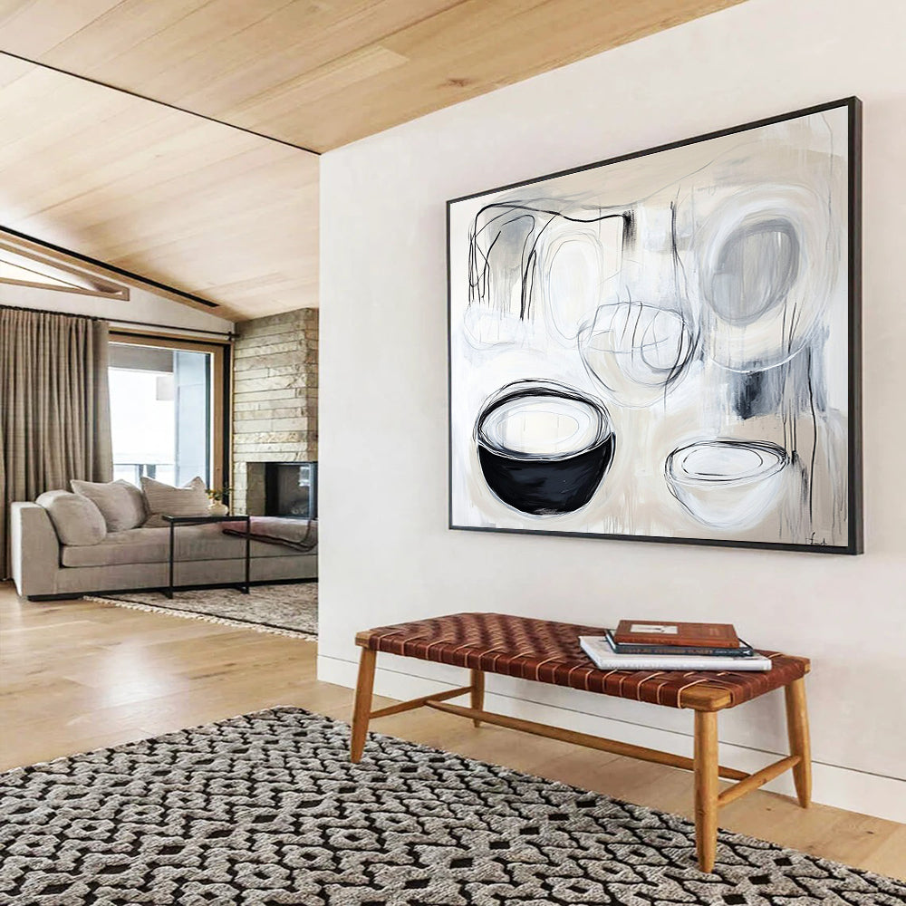 A large abstract painting featuring organic white and black lines, highlighting shapes of cups and plates with expressive black ink strokes.SC389