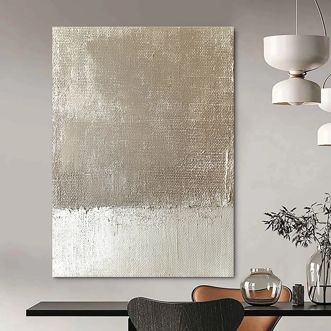 Abstract minimalist painting featuring an old wall with burlap fabric and tattered edges in muted beige and cream tones.STSC565