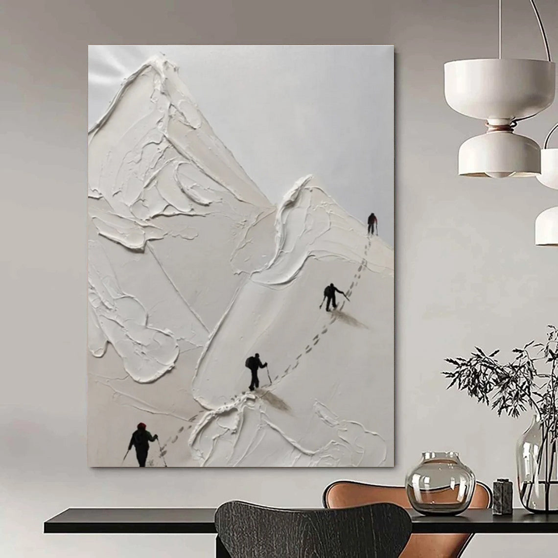 White Textured Mountain Climbing Abstract Painting with Black Silhouettes ADGE317