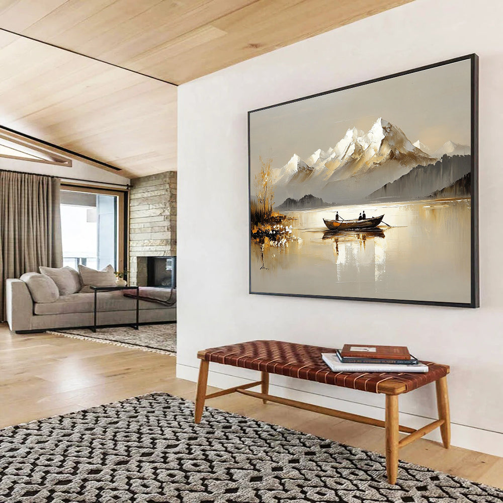 Lake and Snowy Peaks Serene Abstract Painting with Neutral and White Tones DYP605