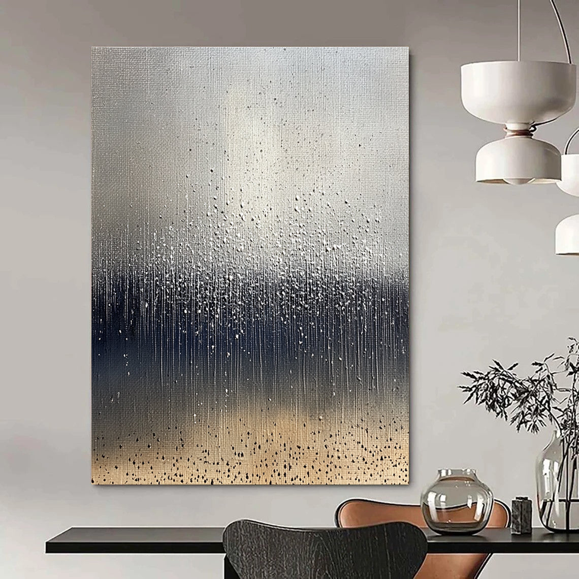 Large abstract painting depicting raindrops on brown soil with a cool gray background and splashing water droplets in dark blue and white tones.STSC1399