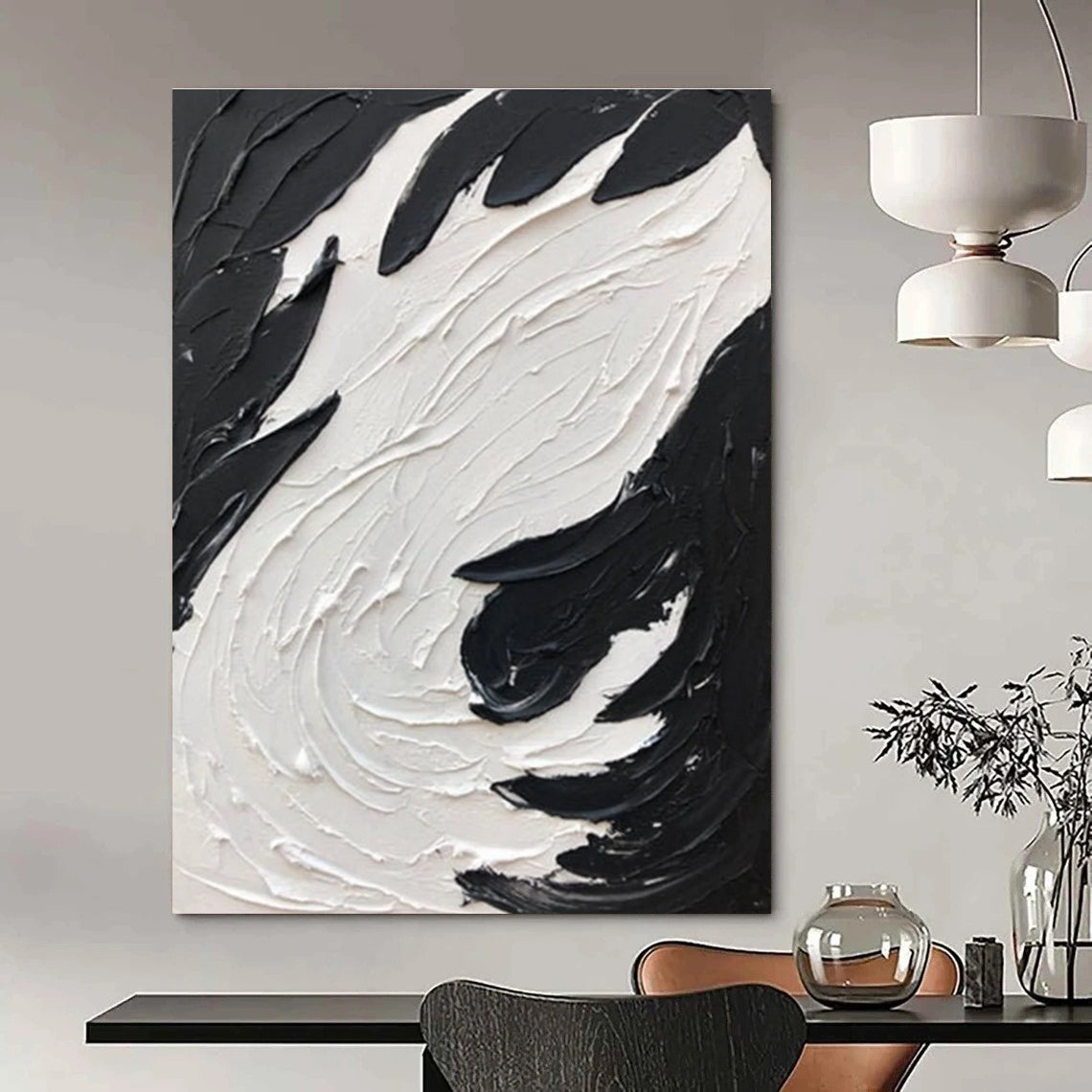 Black and White Bold Swirl - Textured Abstract Painting with Impactful Forms ADGE398