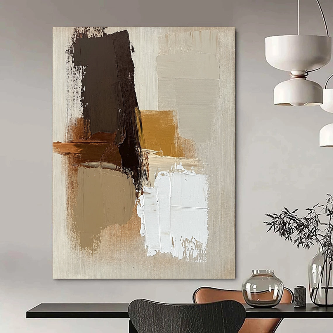 Large abstract painting with brown beige and white colors featuring thick brush strokes and simple shapes on a neutral beige background.STSC747