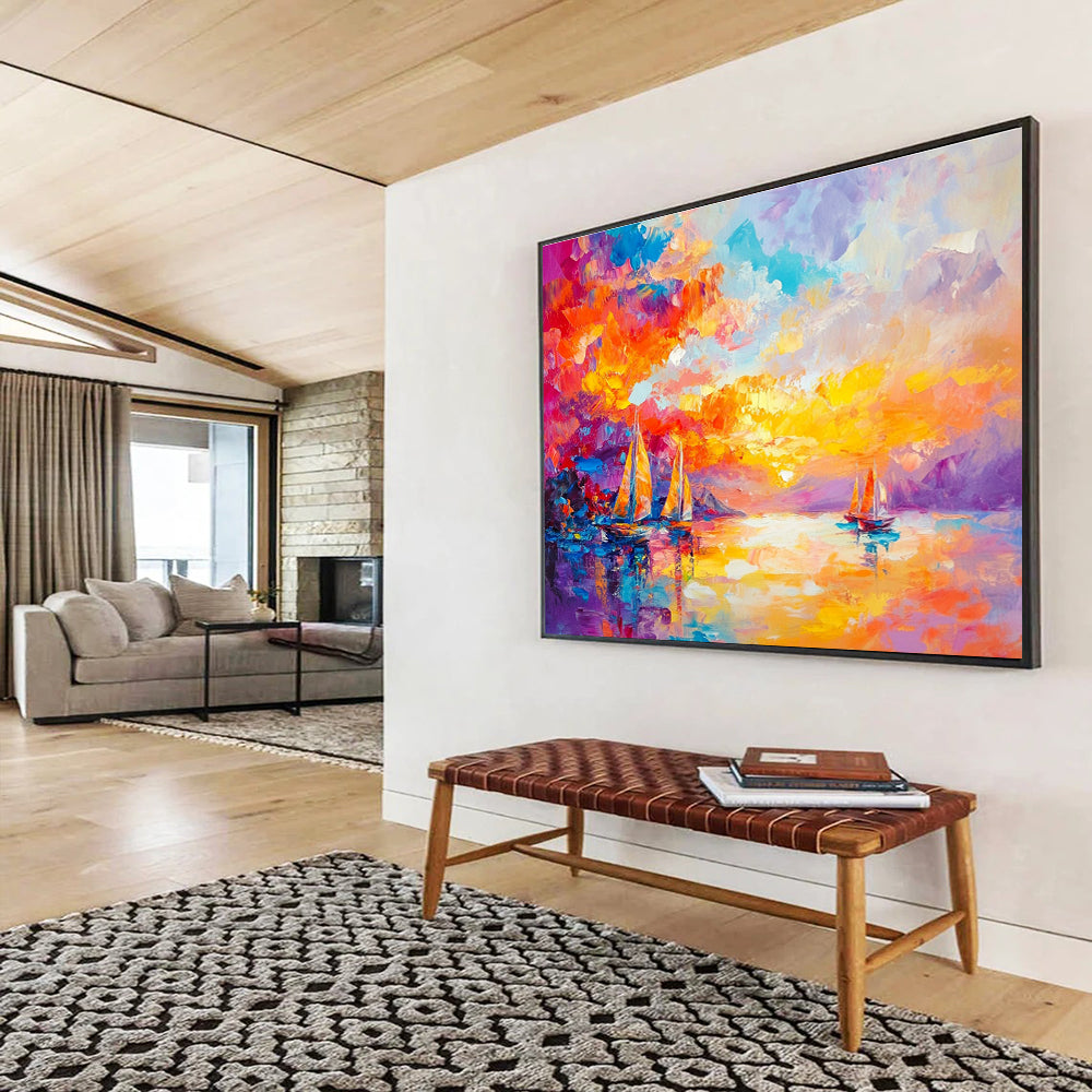 Large abstract painting capturing a vibrant sunset over the sea with sailboats in a colorful and dreamlike style.SC180