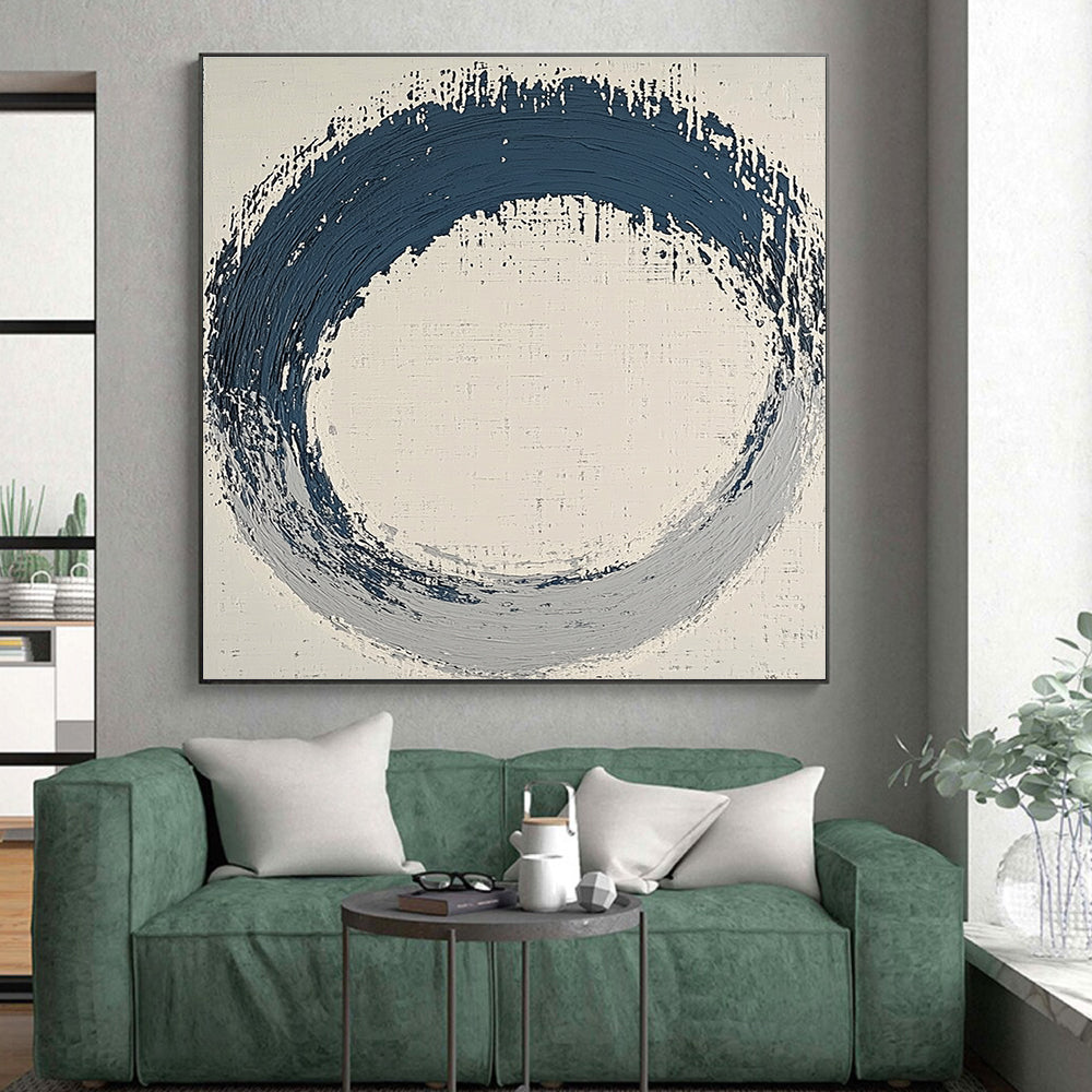 Blue and Gray Circular Abstract Painting with Textured Ring GER125