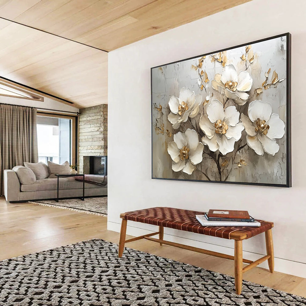 A large abstract painting featuring white flowers with gold accents on a white background, showcasing elegant details and soft lighting in a neutral palette.SC623