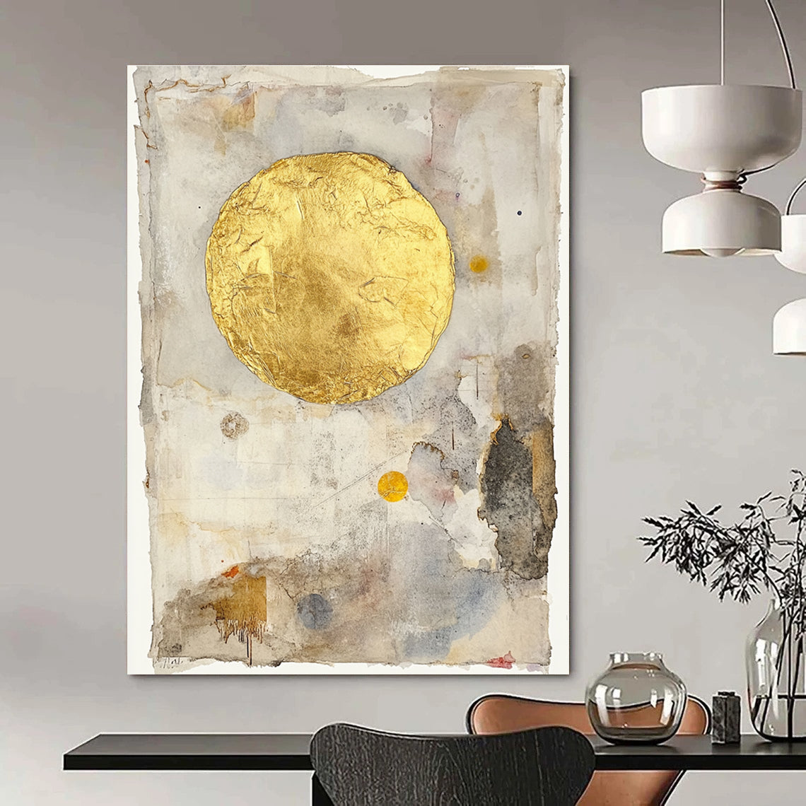 Abstract painting of a golden sun on vintage paper with gold leafing and soft pastel watercolor washes in a minimalist style.STSC286